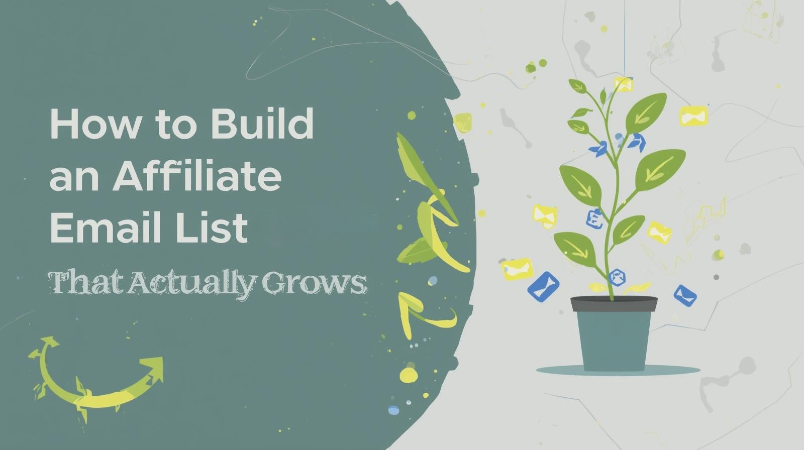 A potted plant with growing branches features email and dollar icons, alongside the text "How to Build an Affiliate Email List That Actually Grows," symbolizing real email list growth.