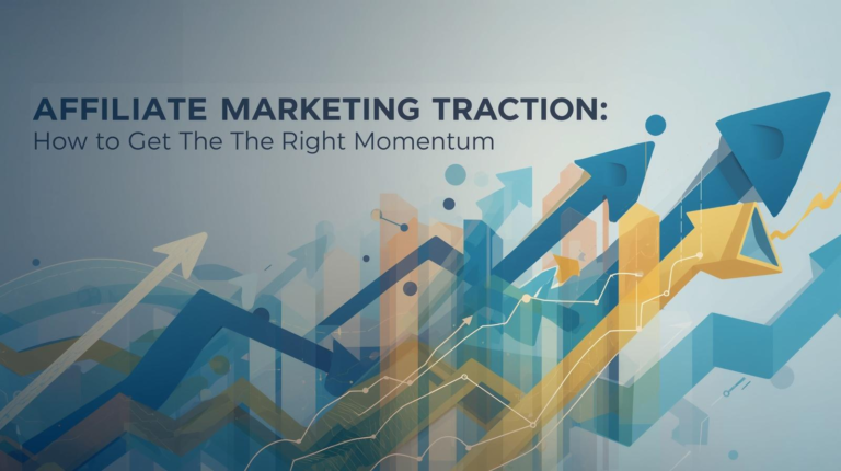 Graphic with the title "Affiliate Marketing Traction: How to Get The Right Momentum" and various upward-pointing arrows symbolizing growth in affiliate marketing and the momentum needed for lasting success.