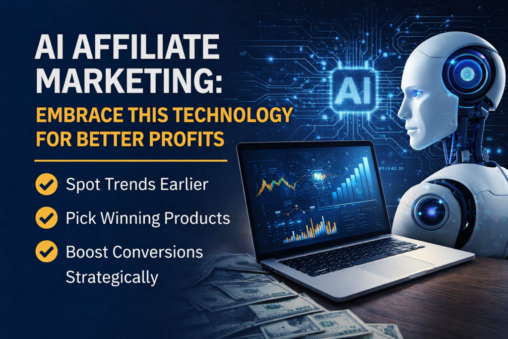 A robot stands beside a laptop displaying financial charts, with text about leveraging AI Affiliate Marketing to boost profits, analyze trends, optimize product selection, and increase conversions.