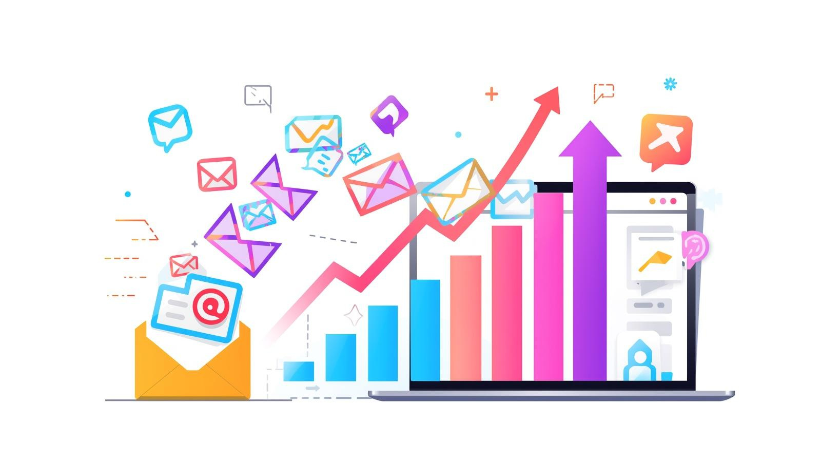 Illustration of colorful emails flying from an envelope towards a laptop screen with rising graphs, representing beginner email marketing or how to build an email list for digital growth.