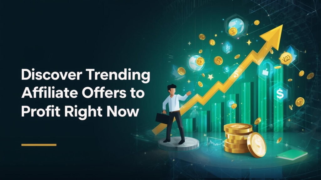 A businessperson stands by gold coins and an upward arrow, with floating currency symbols and graphs. Text reads: "Discover Trending Affiliate Offers—boost your earnings in affiliate marketing and profit right now.