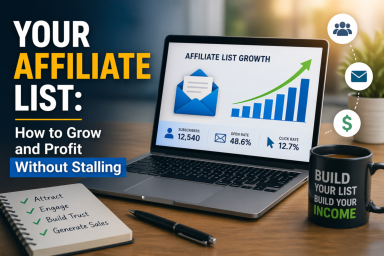 A laptop displays Profit Affiliate Marketing stats; a notepad, pen, coffee mug, and icons related to email and income are on the desk. Text highlights strategies to Grow Affiliate List and boost profits.