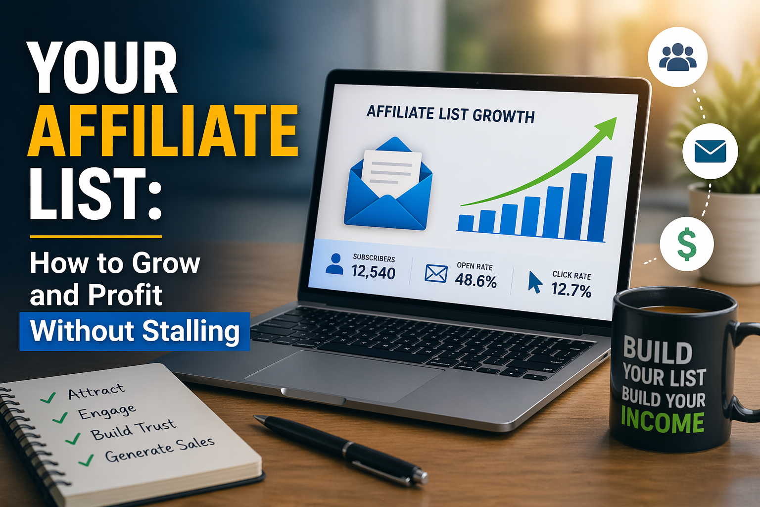 A laptop displays Profit Affiliate Marketing stats; a notepad, pen, coffee mug, and icons related to email and income are on the desk. Text highlights strategies to Grow Affiliate List and boost profits.