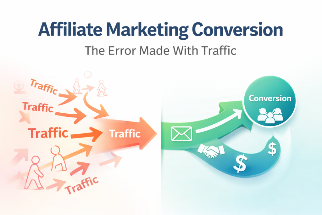 Infographic showing disorganized traffic on the left and targeted affiliate marketing actions leading to conversion on the right, illustrating key conversion concepts.