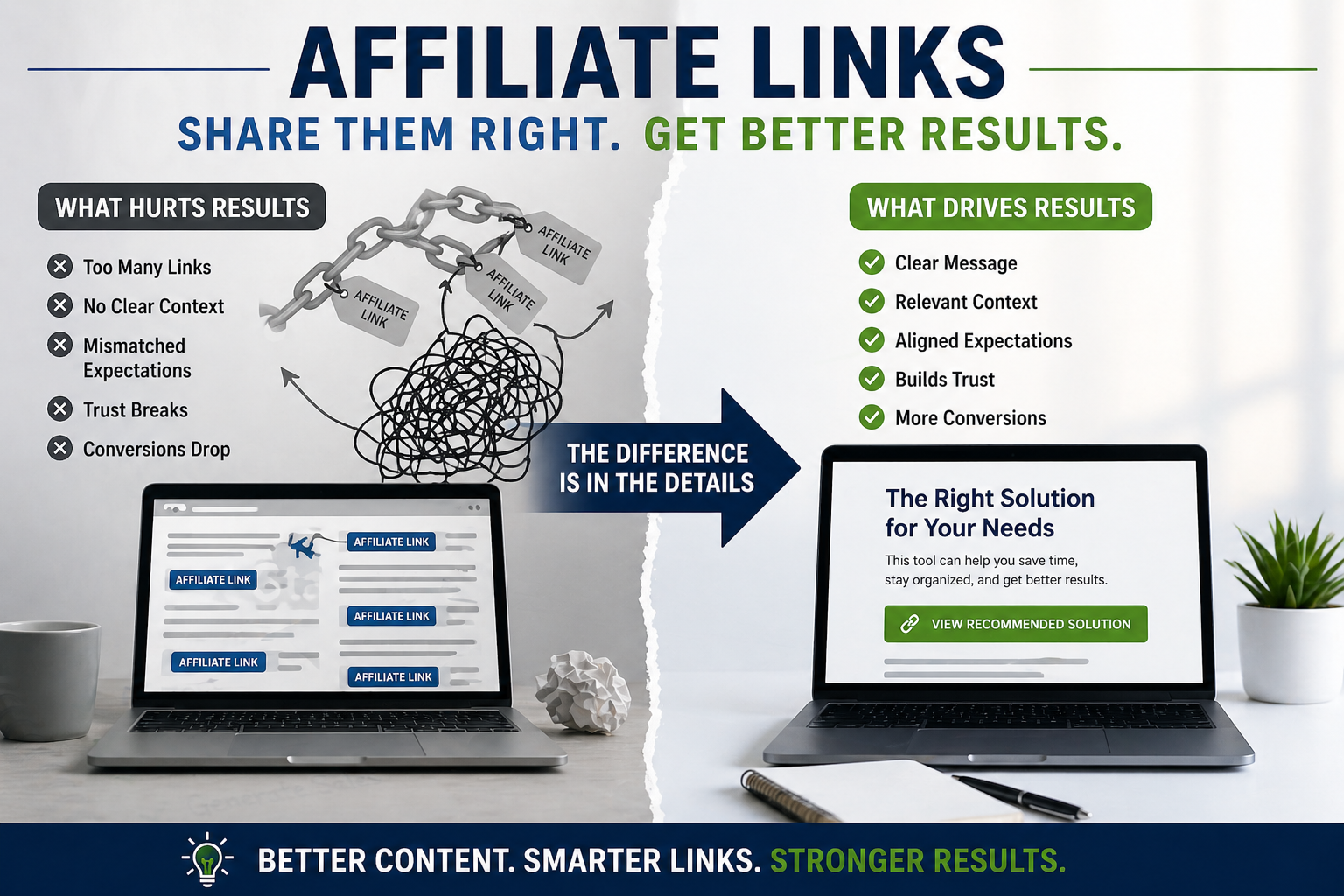 Two laptops side by side: left shows cluttered affiliate marketing links labeled as ineffective; right displays a clear, organized affiliate links interface labeled as effective, with comparison text above each.