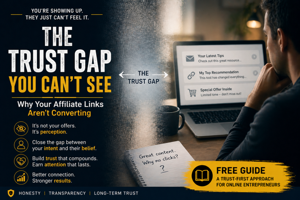 A man at a desk looks at a laptop displaying affiliate link stats, with text explaining the "trust gap" in business and offering a free Trust Gap Guide for online entrepreneurs looking to build trust and succeed.