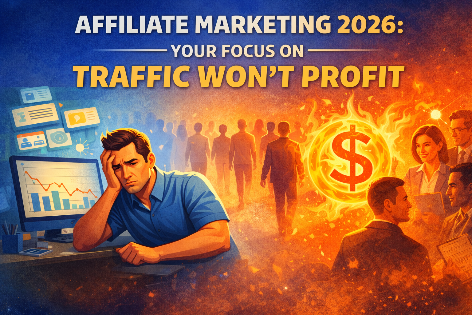 A frustrated man sits at a computer surrounded by data, while groups of businesspeople and a flaming dollar sign appear in the background. Text: "Affiliate Marketing 2026: Traffic Alone Won't Profit.