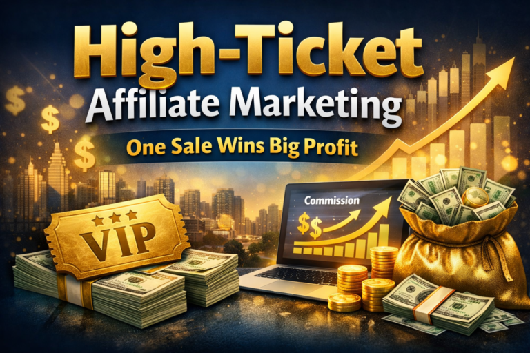 A graphic promoting high-ticket affiliate marketing with VIP cards, cash, coins, a laptop showing commissions, and an upward arrow symbolizing big profit from just one affiliate marketing sale.