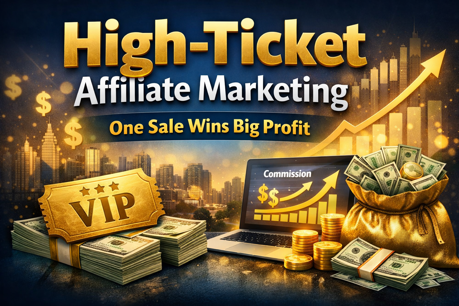 A graphic promoting high-ticket affiliate marketing with VIP cards, cash, coins, a laptop showing commissions, and an upward arrow symbolizing big profit from just one affiliate marketing sale.