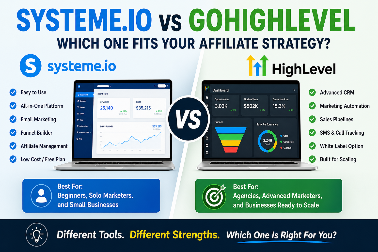 Comparison chart of Systeme.io and GoHighLevel platforms for affiliate strategy, highlighting top affiliate tools, features, strengths, and best user types with images of their dashboards.
